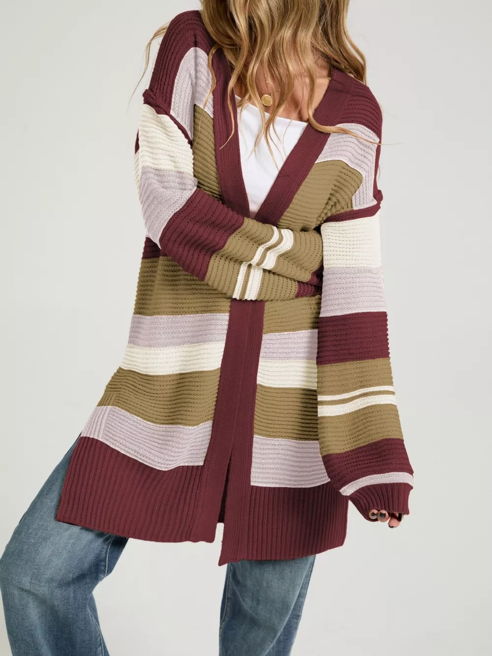 Color Block Striped Open Front Cardigan, image 4