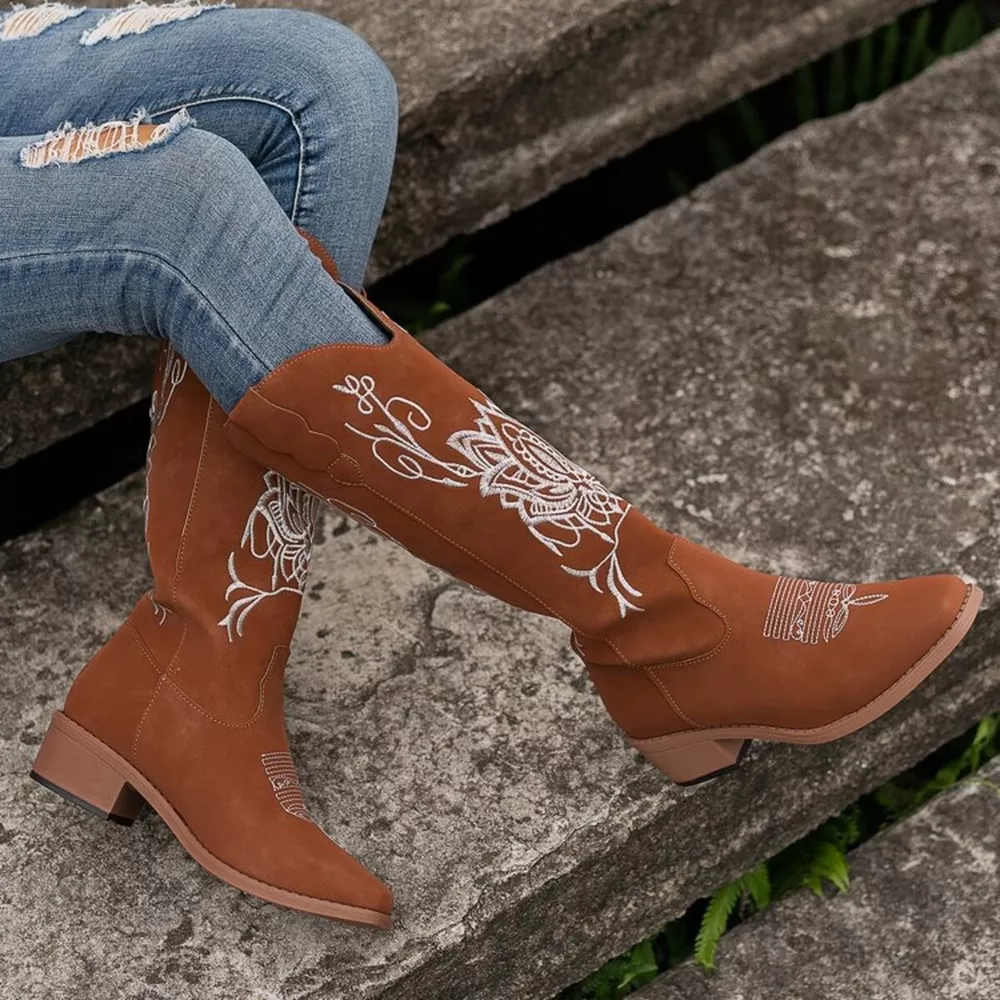 Embroidered Block Heels Boots, image 5