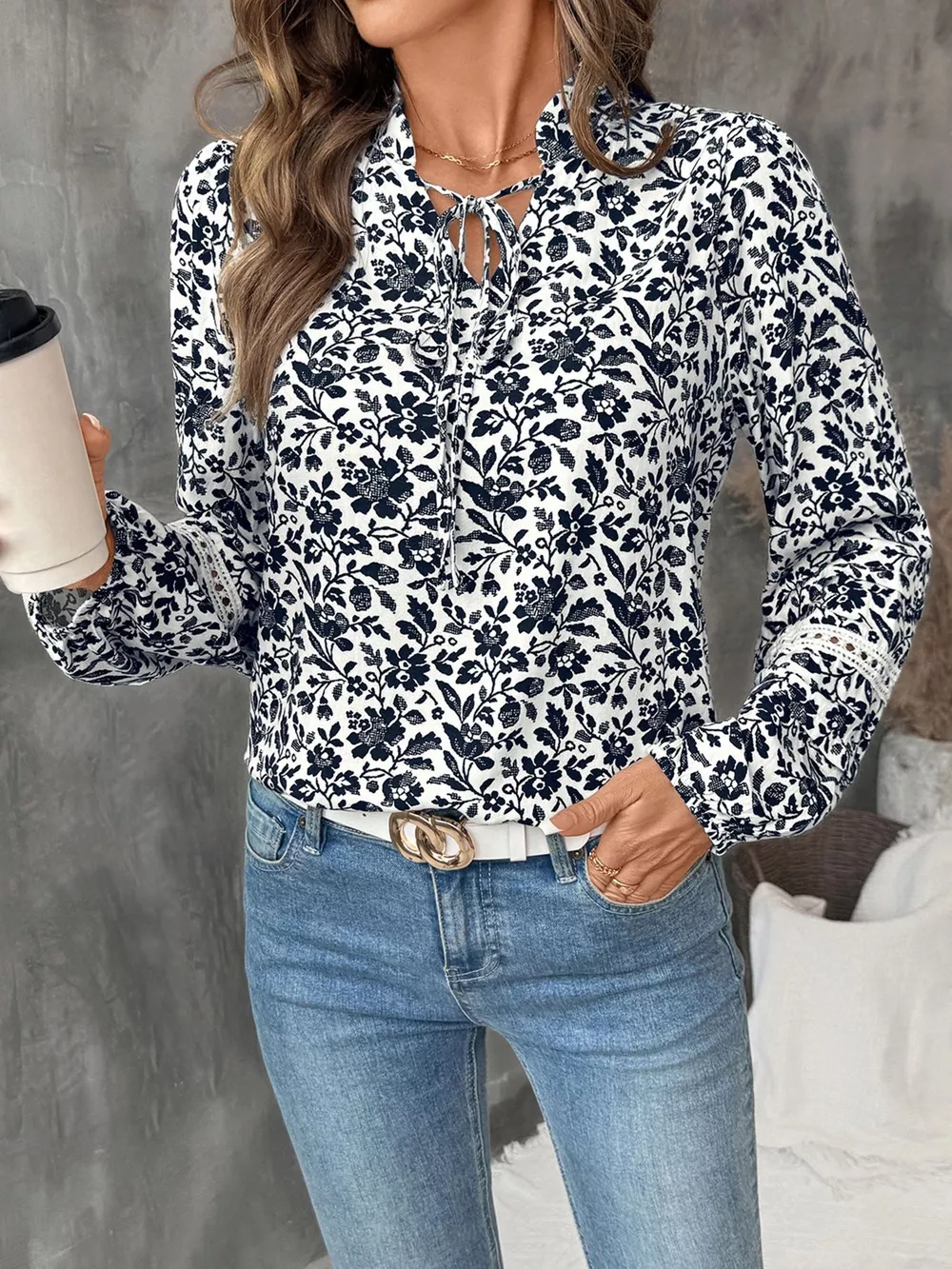 Printed Tie Neck Long Sleeve Blouse, image 3