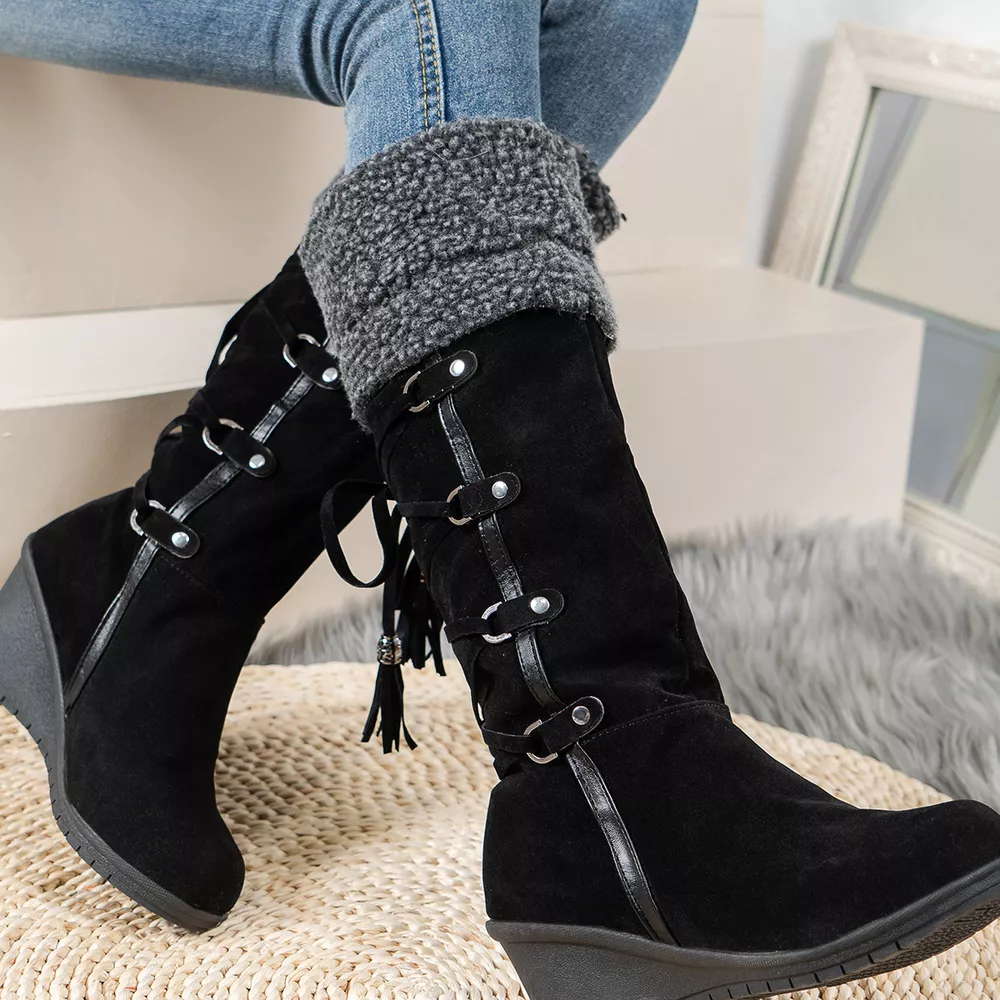 Faux Fur Lined Suede Wedge Boots with Lace-Up Detail, image 5