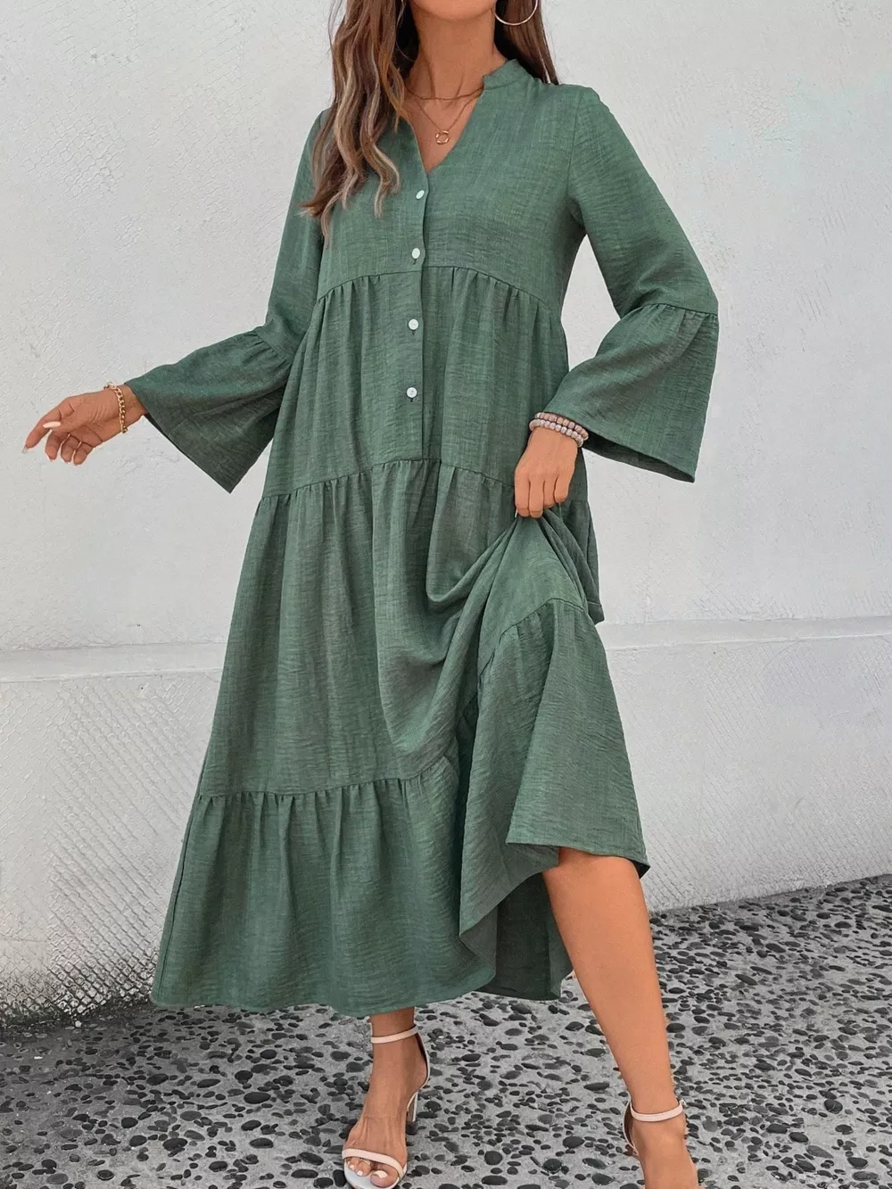 Ruffle Hem Button Front Tiered Dress, image 24