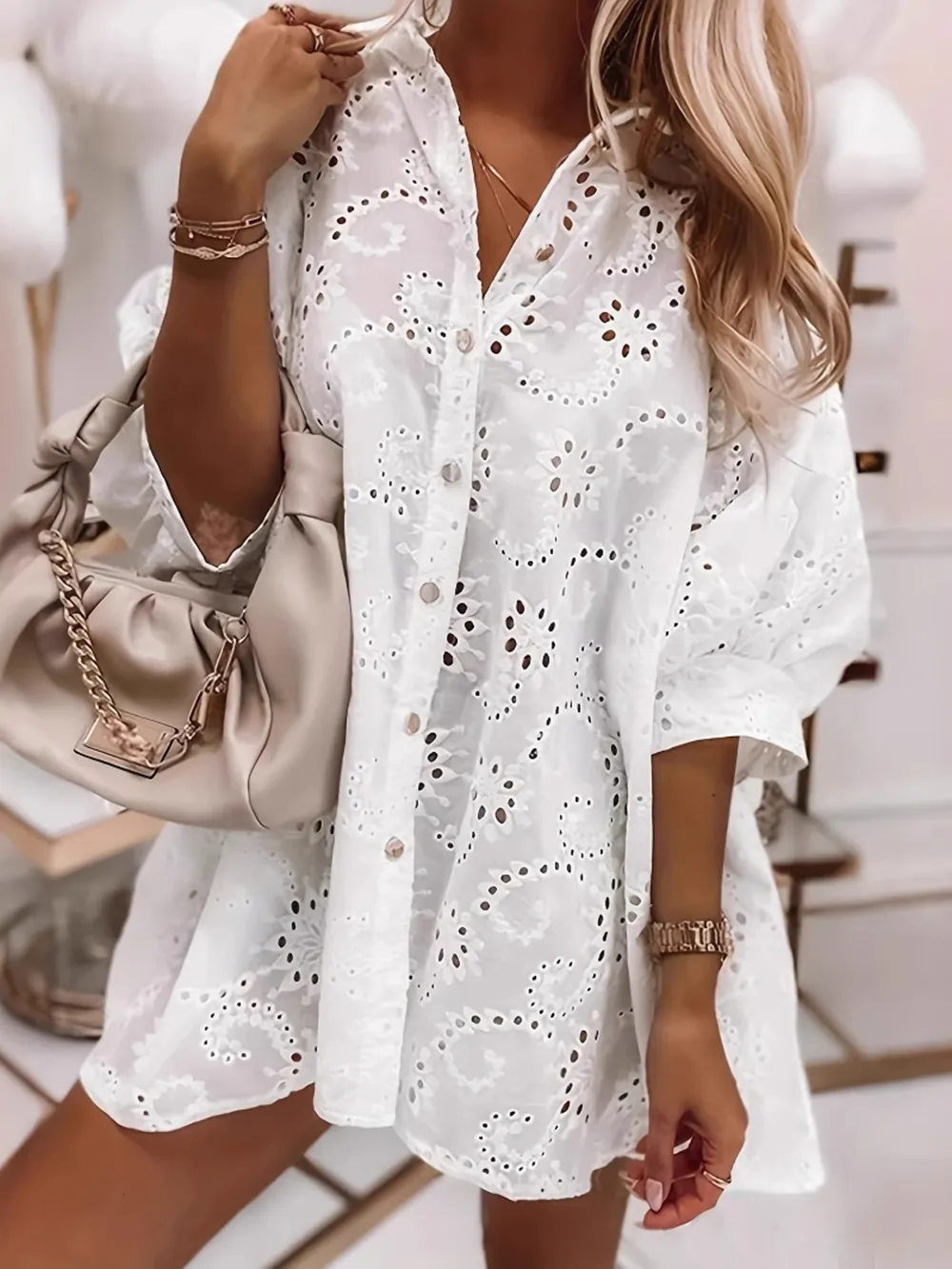 Eyelet Embroidered Button-Down Oversize Shirt, image 2