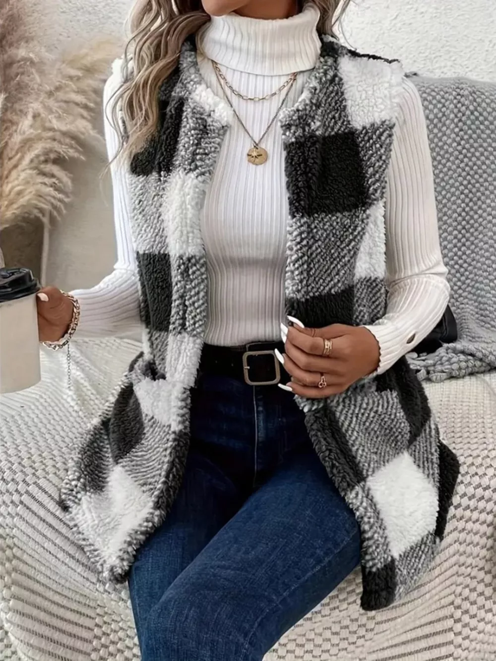 Cozy Plaid Sherpa Vest Coat, image 14