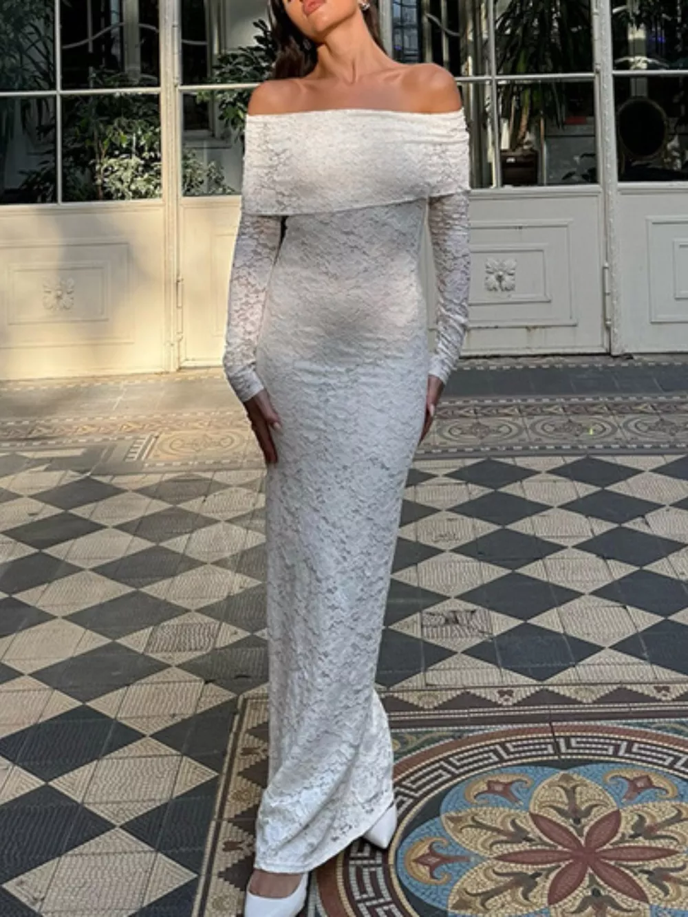 Elegant Off-Shoulder Lace Maxi Bodycon Dress, image 2