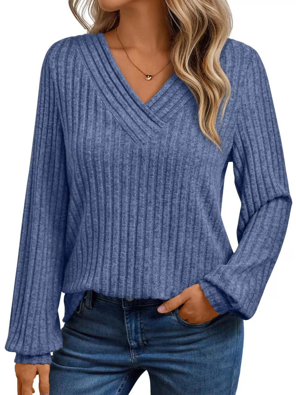 Ribbed Knit V-Neck Long Sleeve T-Shirt, image 22