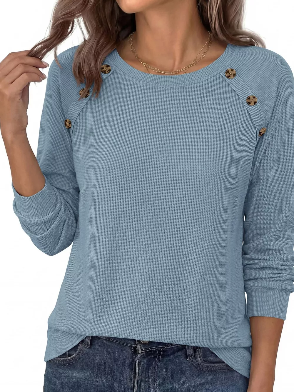 Decorative Button Waffle Knit Long Sleeve T-Shirt, image 11