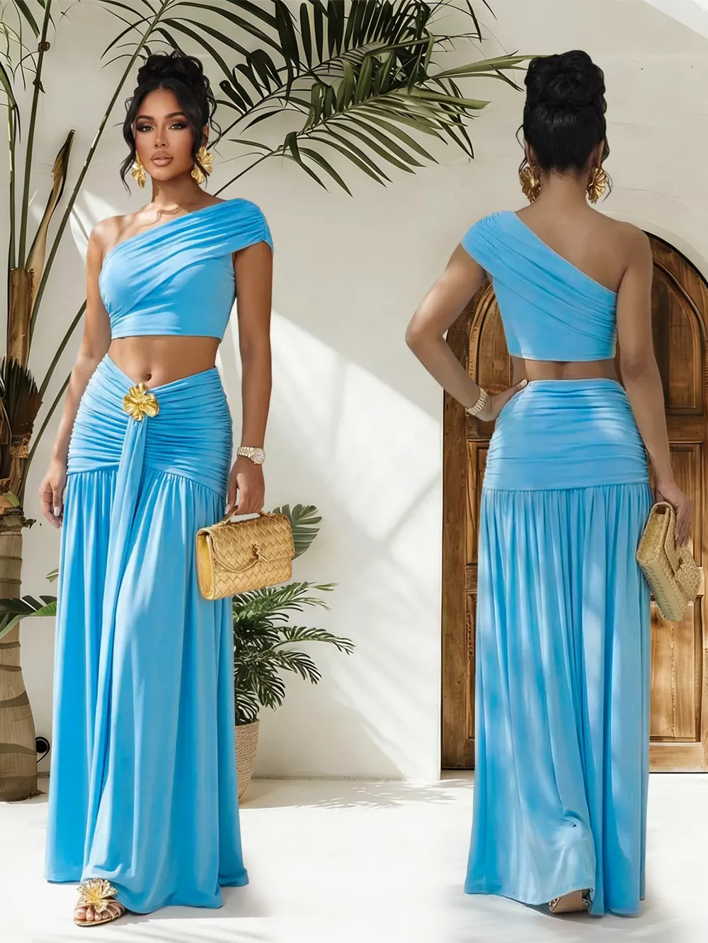 One-Shoulder Top and Ruched Maxi Skirt Set, image 7