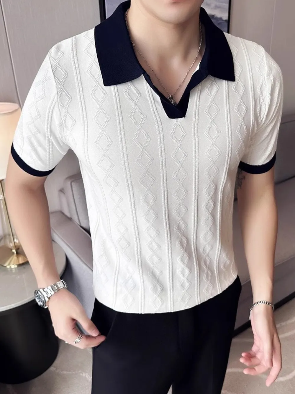 Men's Full Size Contrast Collar Short Sleeve Knit Polo Plus Size, image 6