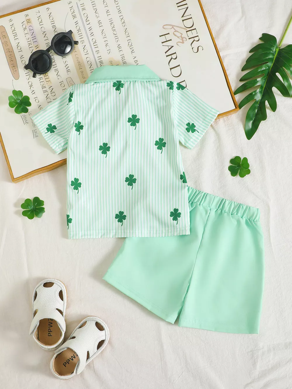 Children's Lucky Clover Print Striped Shirt & Shorts Set, image 2