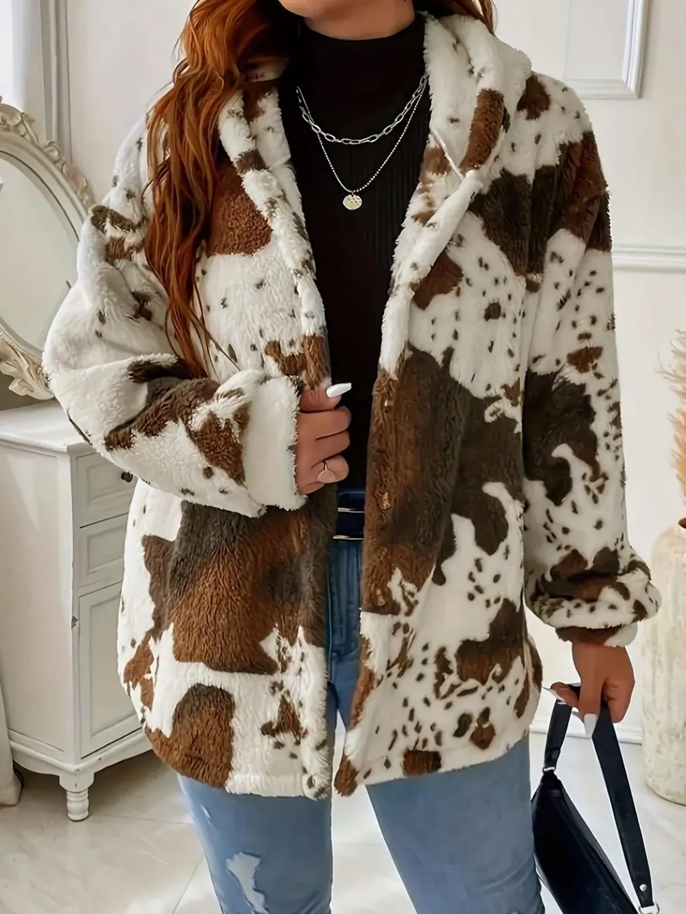 Cow Print Plush Hooded Outerwear, image 2