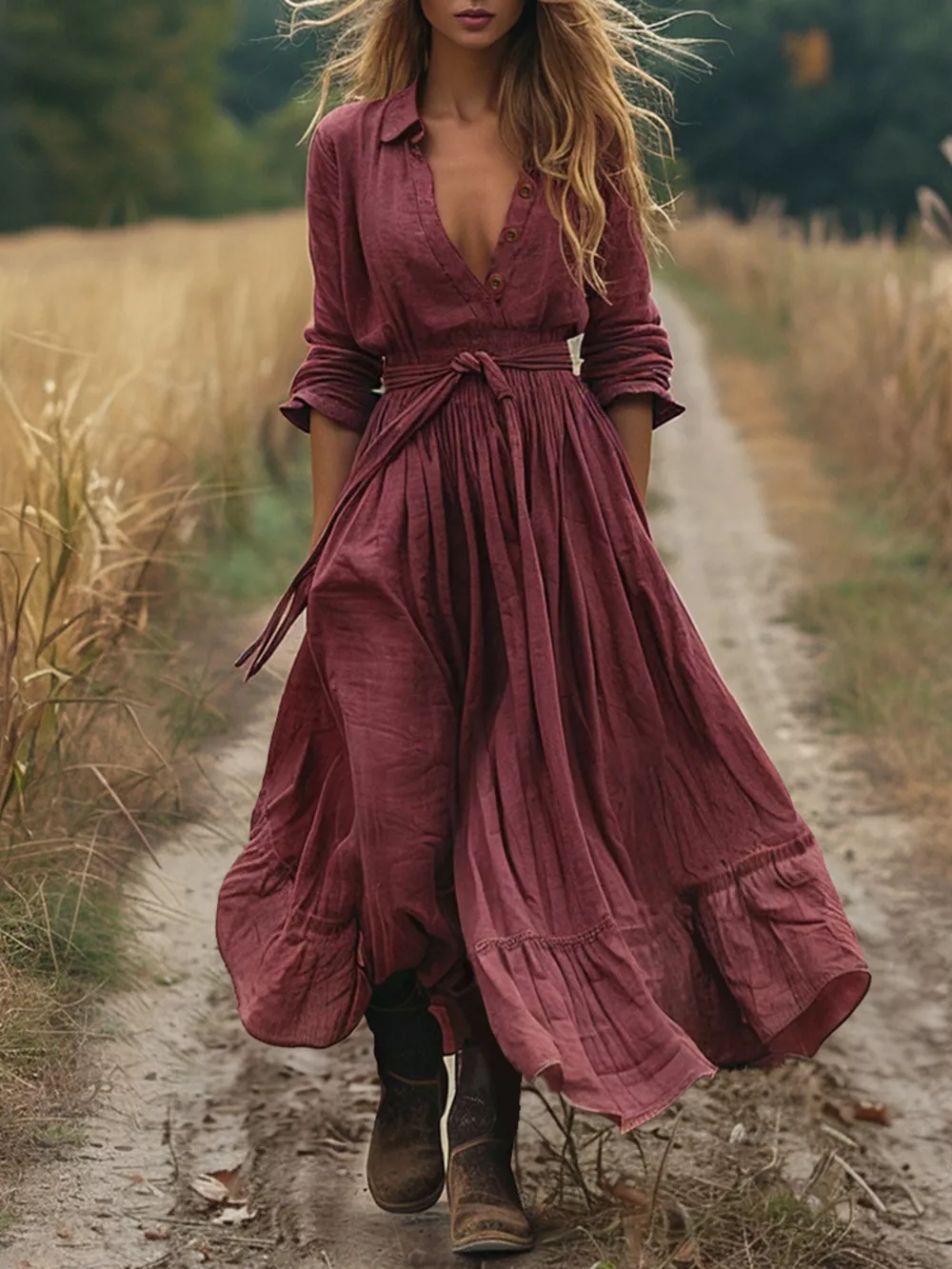 Tie Waist Long Sleeve Ruffled Hem Dress, image 6