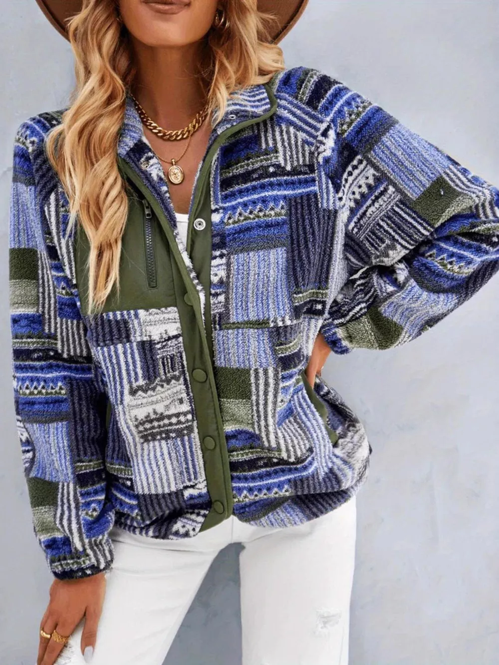 Aztec Print Fleece Snap Down Jacket, image 5