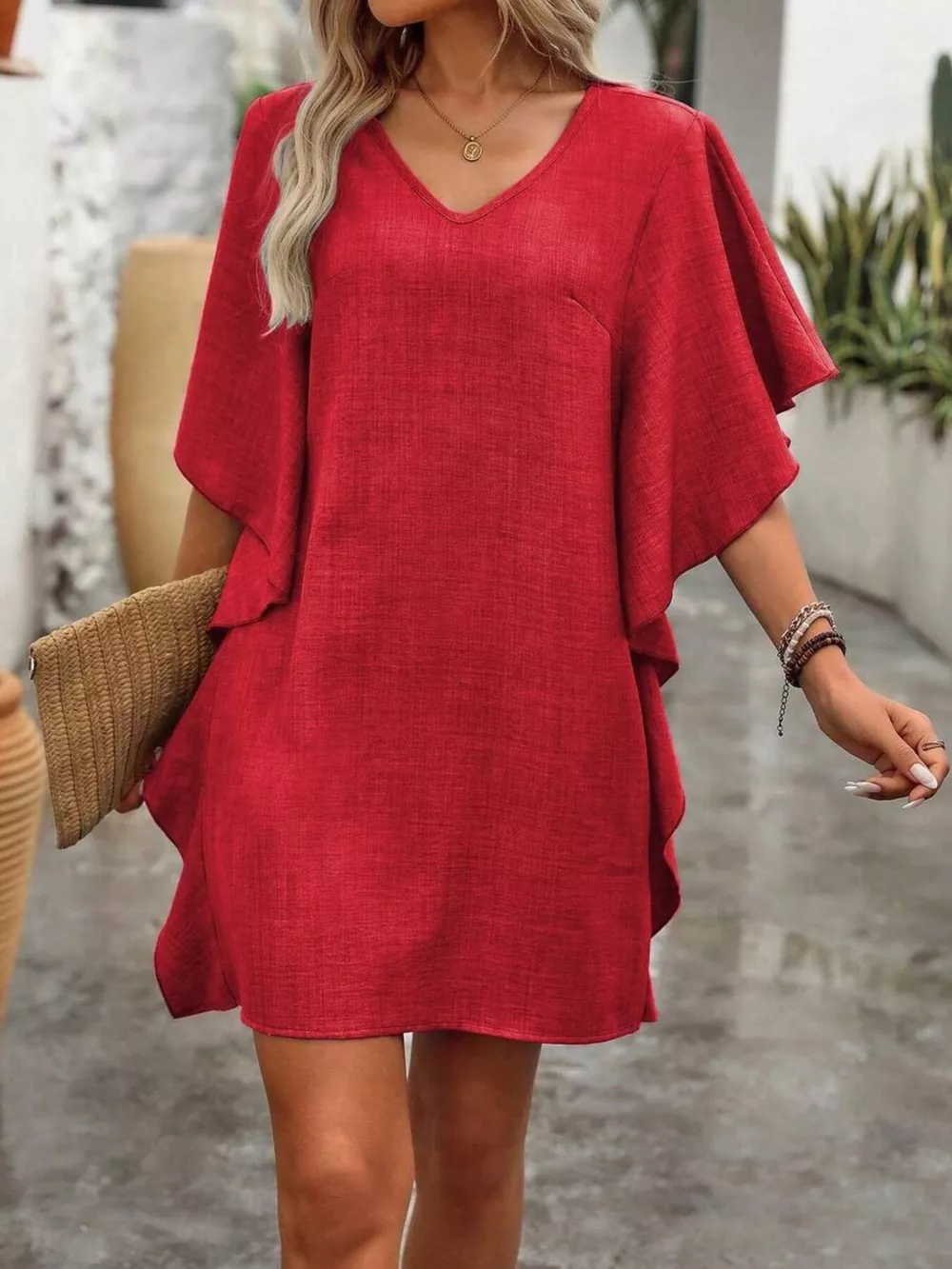Ruffled Flutter Sleeve V-Neck Mini Dress, image 15