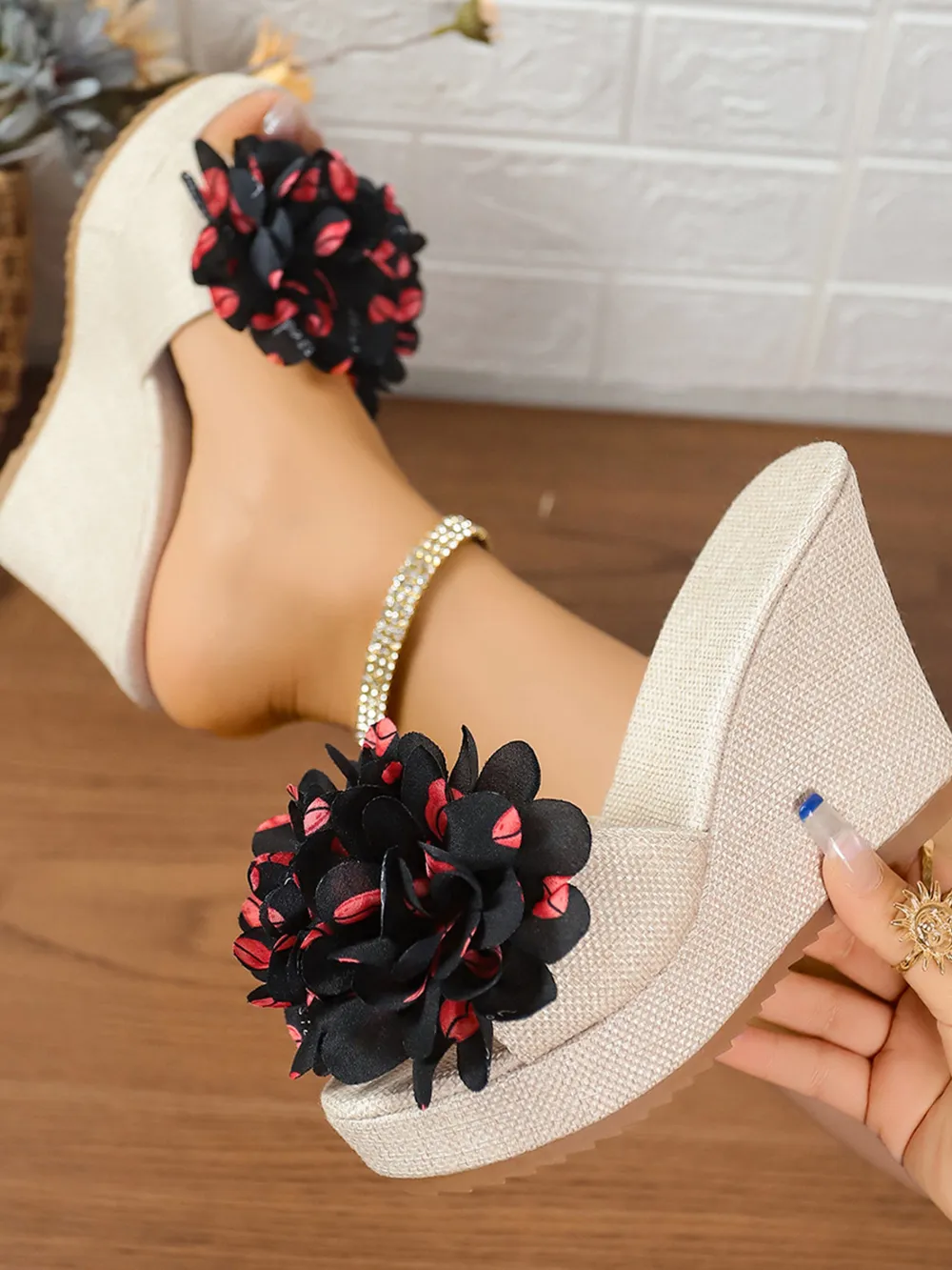 Floral Embellished Platform Wedge Sandals, image 2