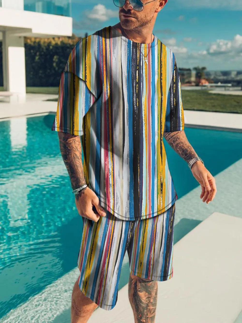 Men's Full Size Striped Short Sleeve Top and Shorts Set Plus Size, image 6