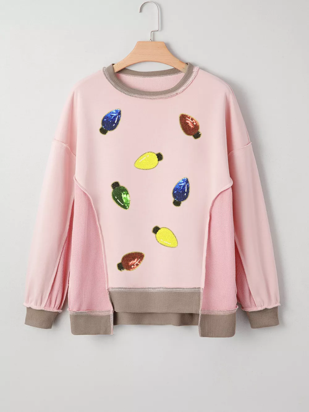 Waffle Color Block Patchwork Sequin Christmas Light Bulb Loose Sweatshirt, image 3