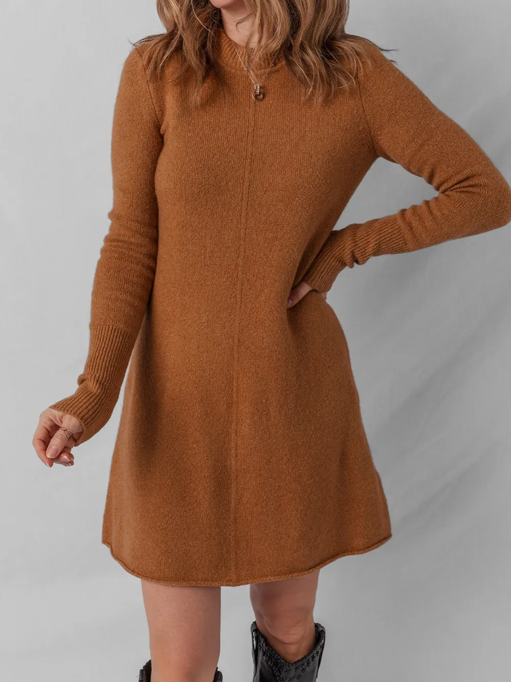 Ribbed Detail Solid Color Mini Sweater Dress