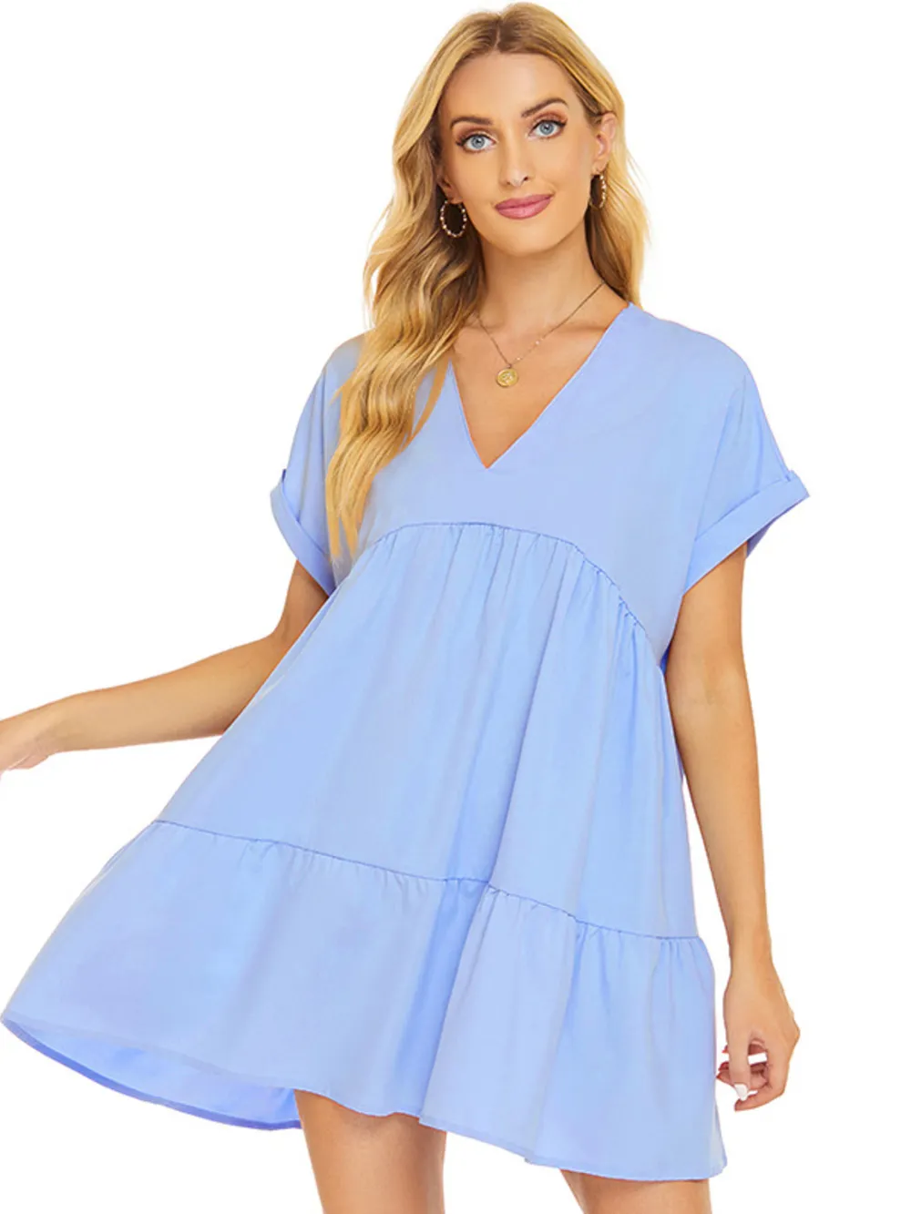 V-Neck Babydoll Tiered Mini Dress