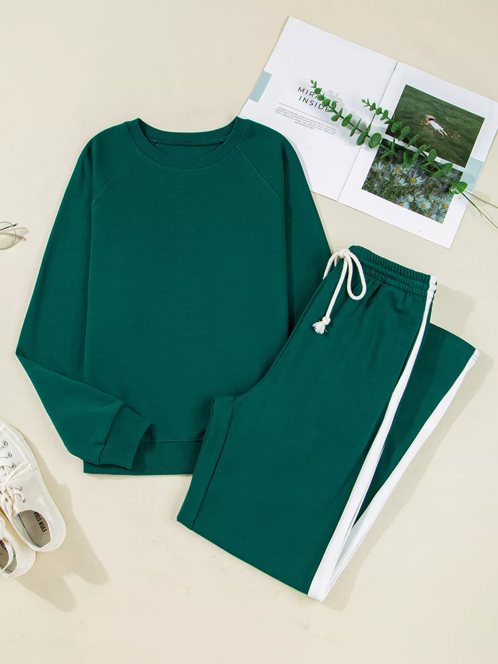 Round Neck Top and Stripe Detail Drawstring Pants Set, image 9
