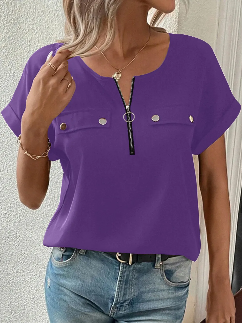 Casual Zipper Front Short Sleeve Blouse, image 14