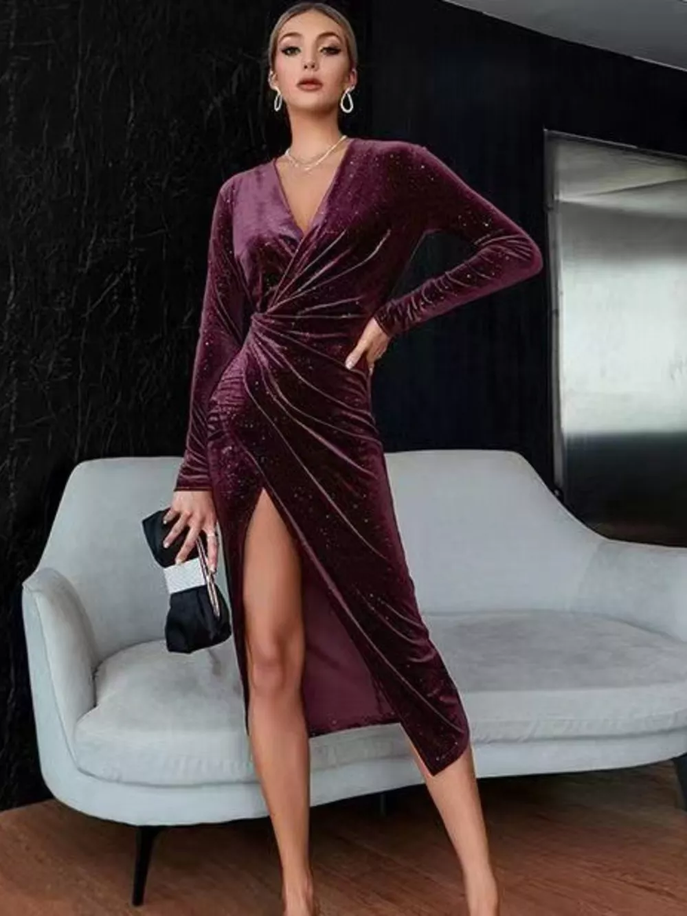 Velvet Ruched Slit Midi Dress, image 13