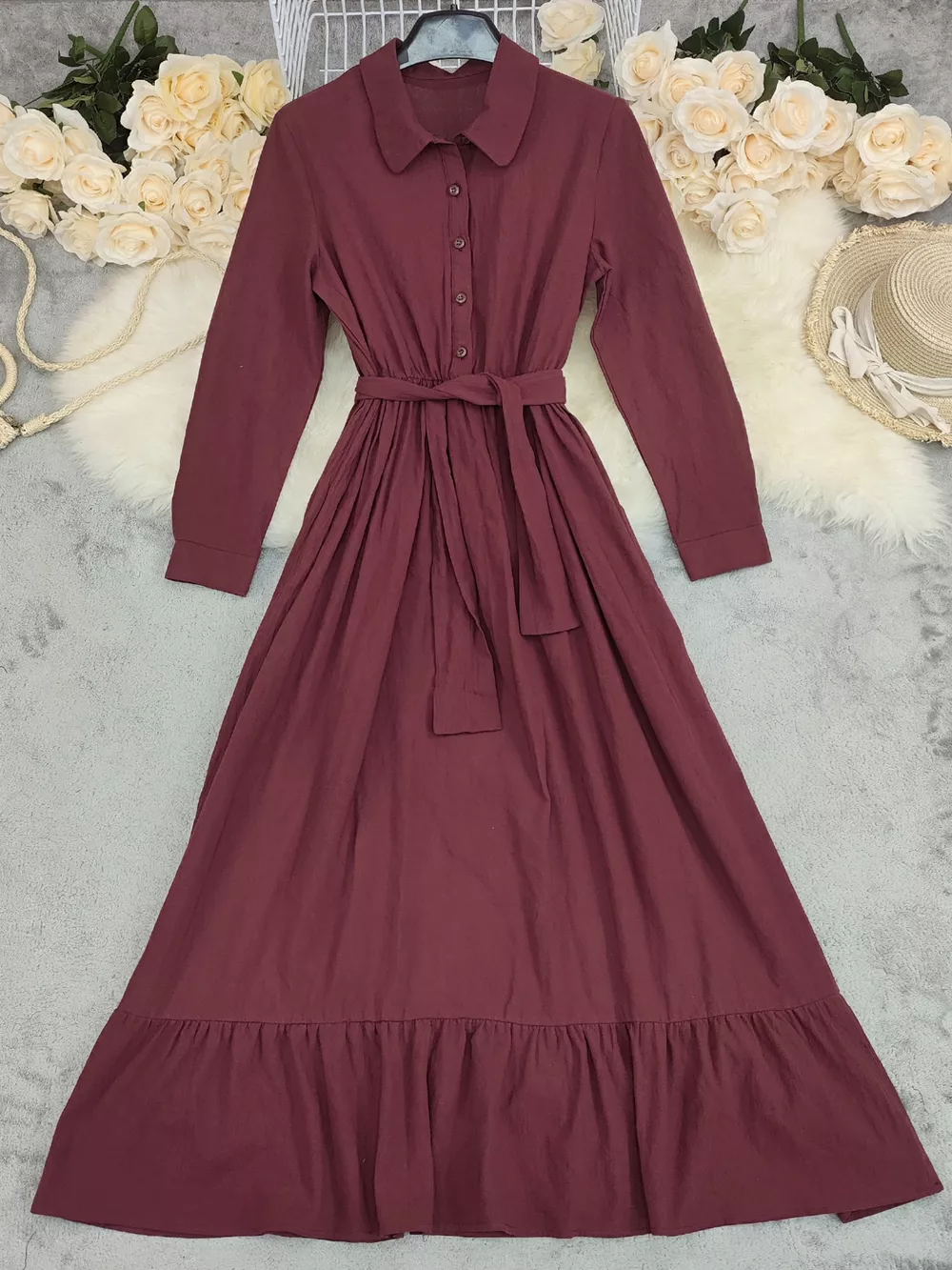 Tie Waist Long Sleeve Ruffled Hem Dress, image 8