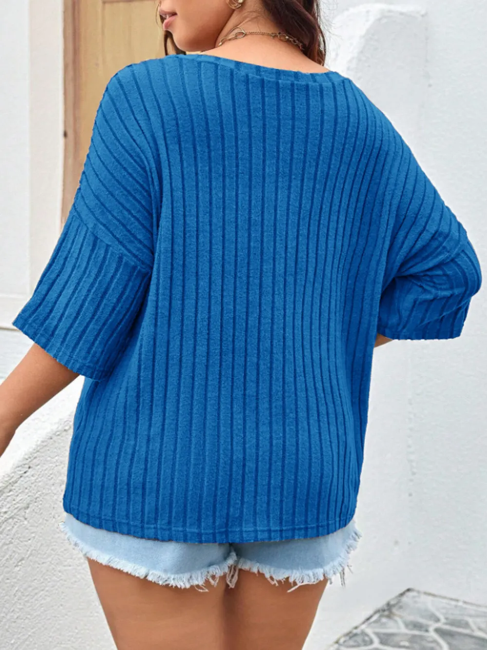 Plus Size V-Neck Ribbed Knit T-Shirt, image 6