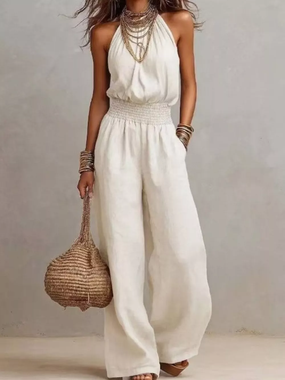 Smocked Halter Neck Wide-Leg Jumpsuit, image 8
