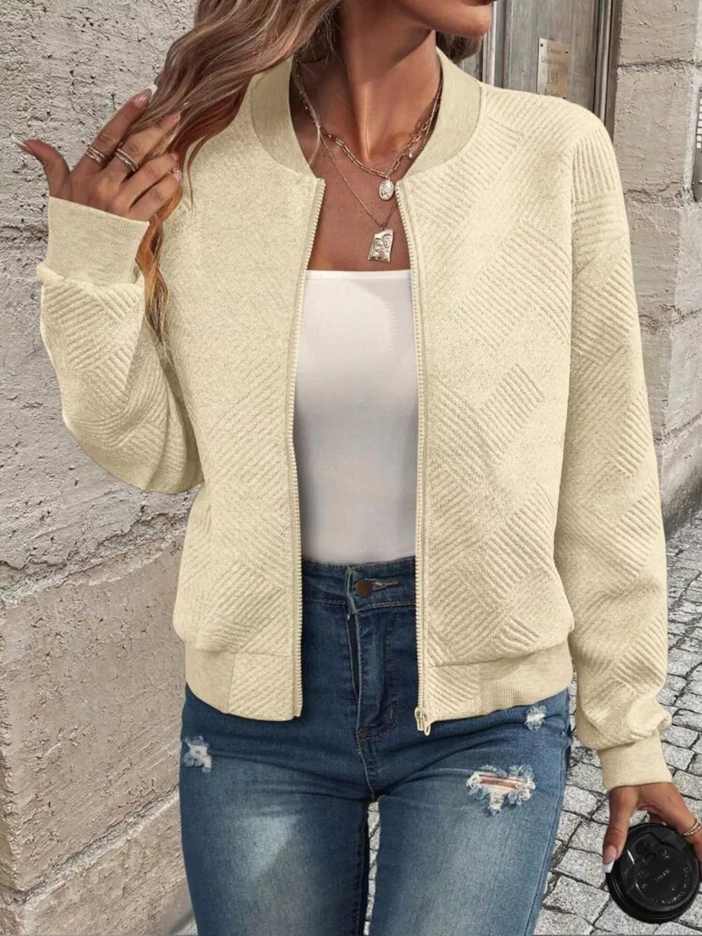 Full Size Zip Up Long Sleeve Textured Jacket Plus Size, image 23