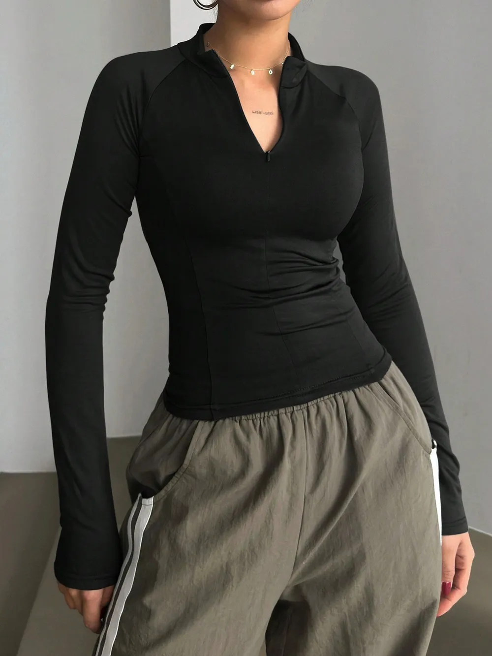 Long Sleeve Zip Front Fitted T-Shirt, image 2