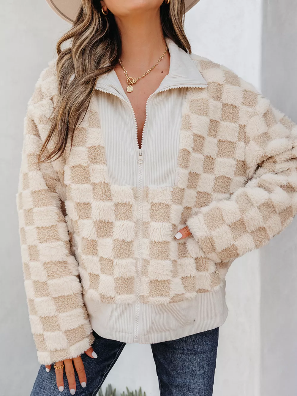 Checker Sherpa Corduroy Patchwork Zip Up Jacket, image 13