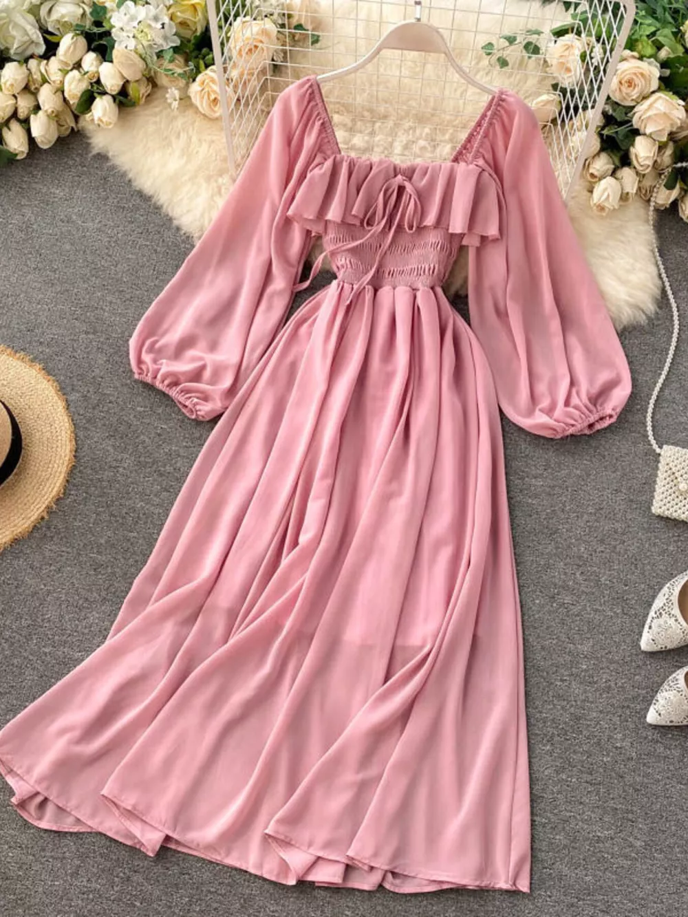 Ruffle Square Neck Balloon Sleeve A-Line Dress, image 20