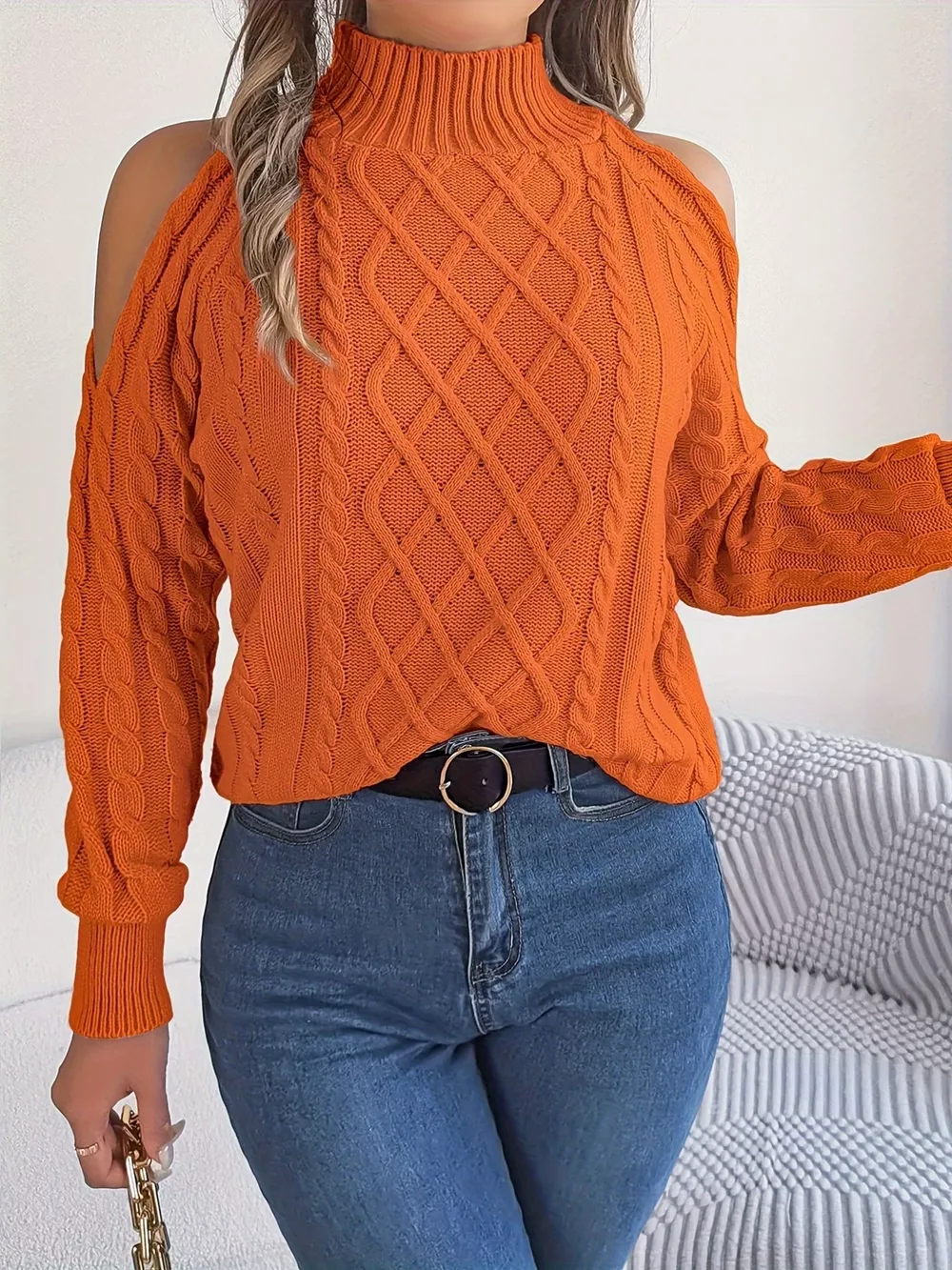 Cold-Shoulder Cable Knit Sweater, image 6