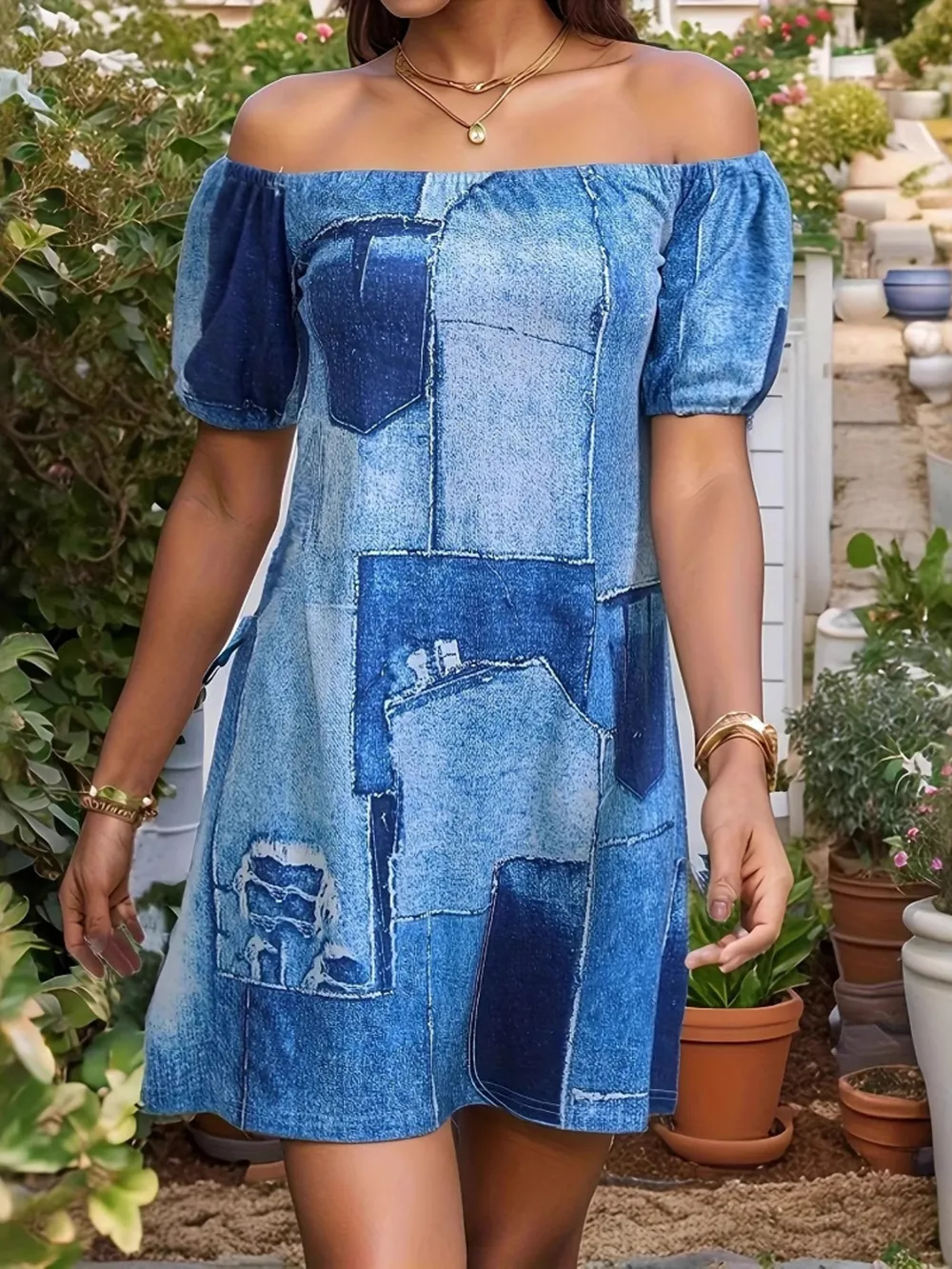 Patchwork Off Shoulder Denim Mini Dress, image 3
