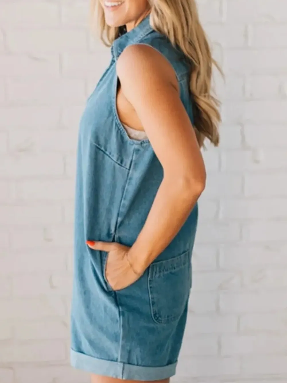 Zip Front Sleeveless Denim Romper, image 3