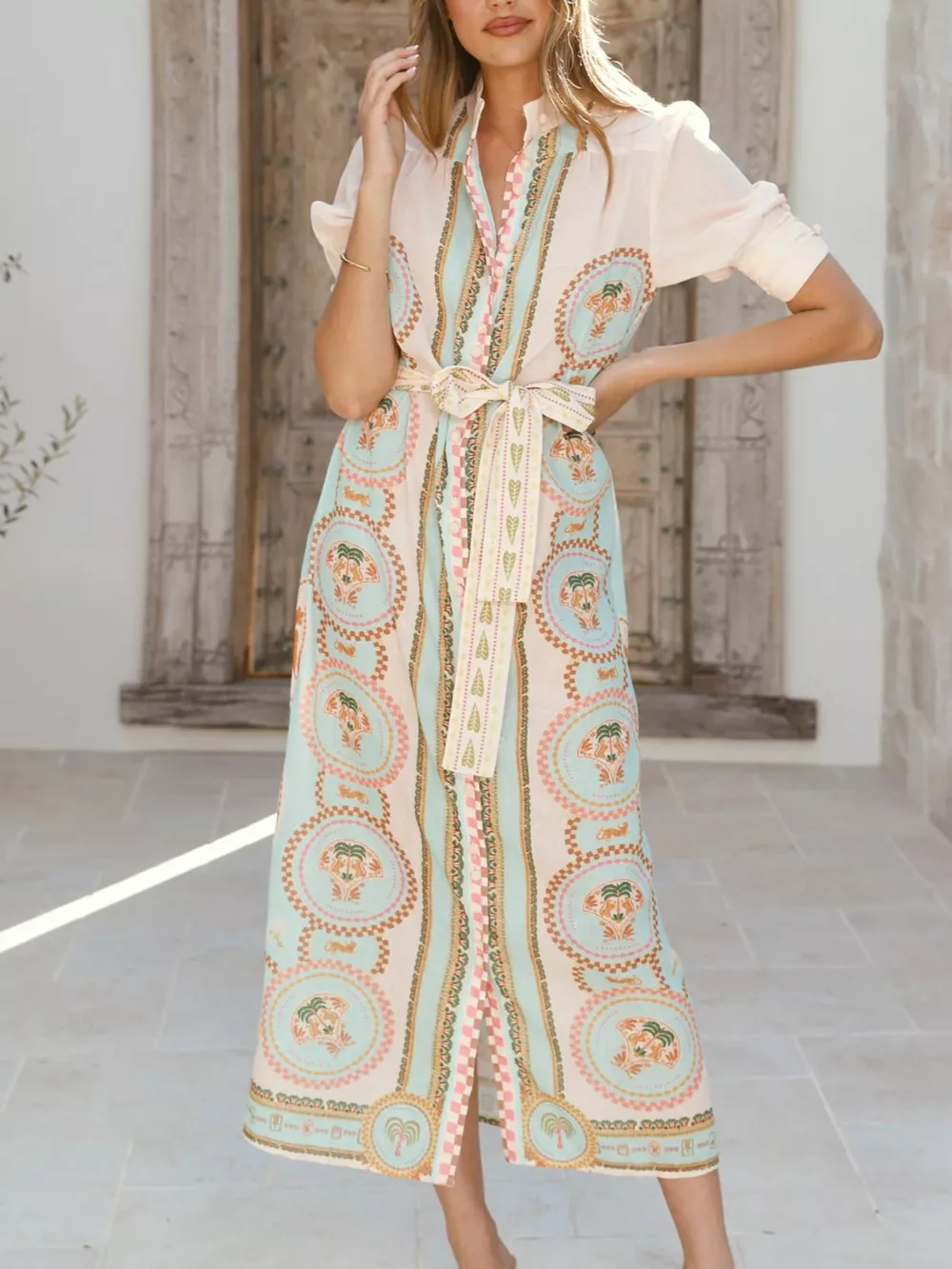 Printed Puff Sleeve Tie Waist Midi Dress, image 11