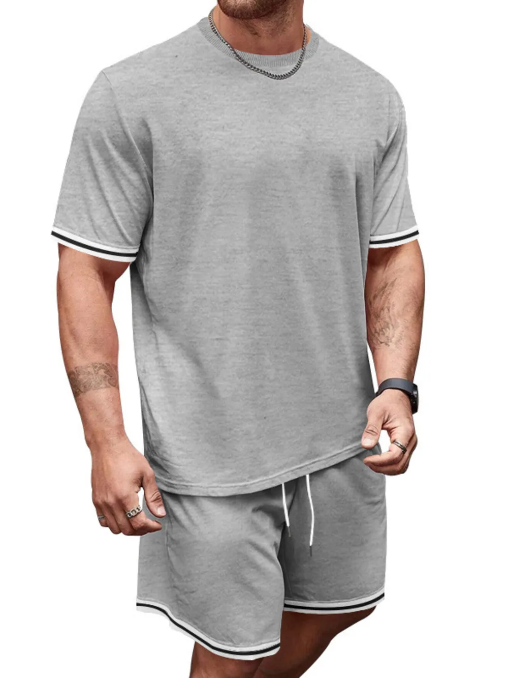 Men's Full Size Striped Short Sleeve Tee and Shorts Set Plus Size, image 14