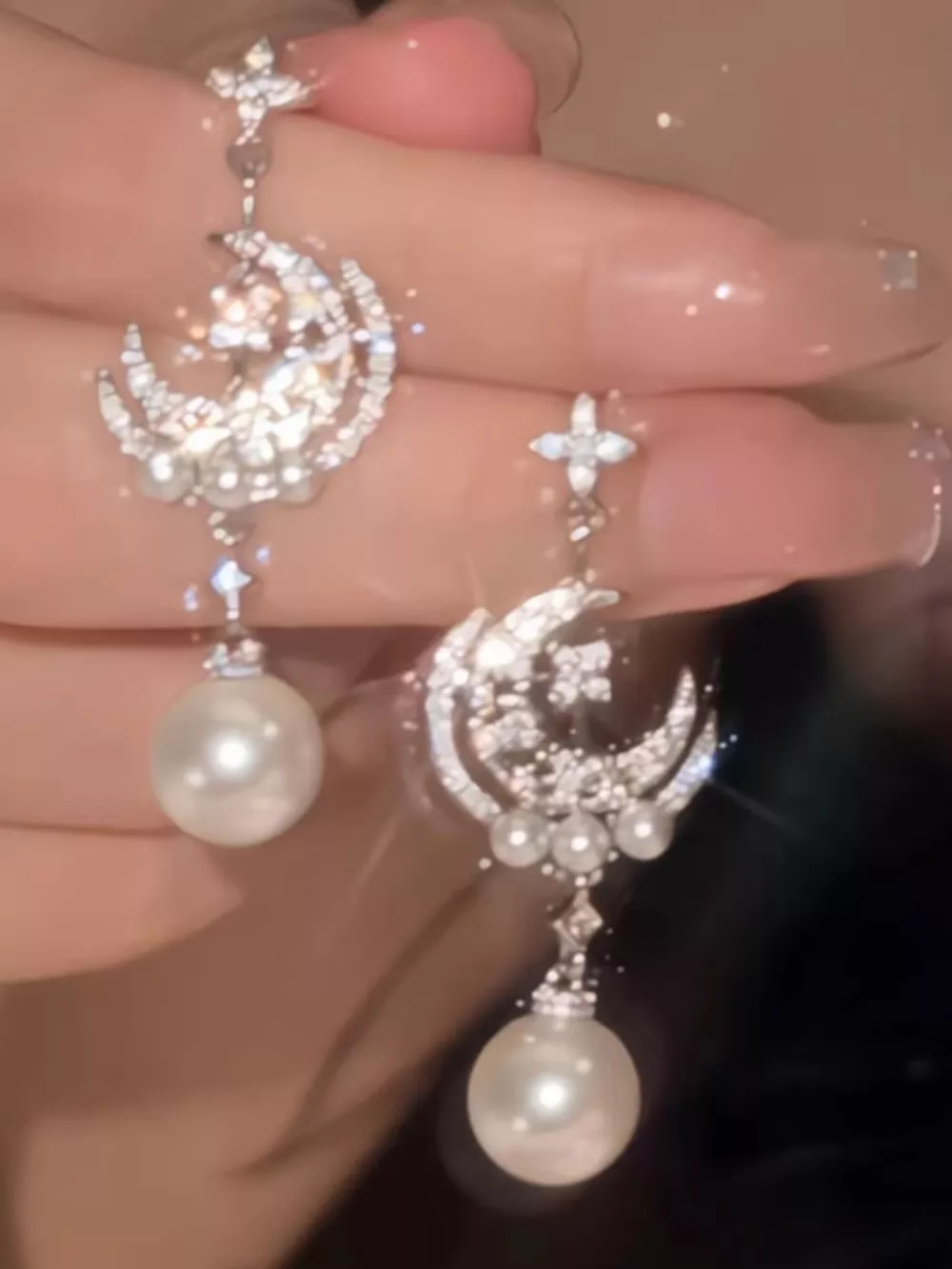 Moon & Star Pearl Dangle Earrings, image 6