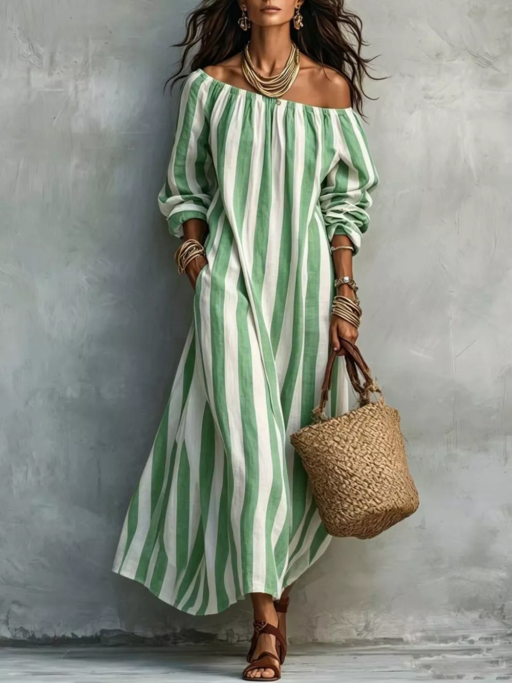 Off-Shoulder Striped Dress with Pockets, image 12