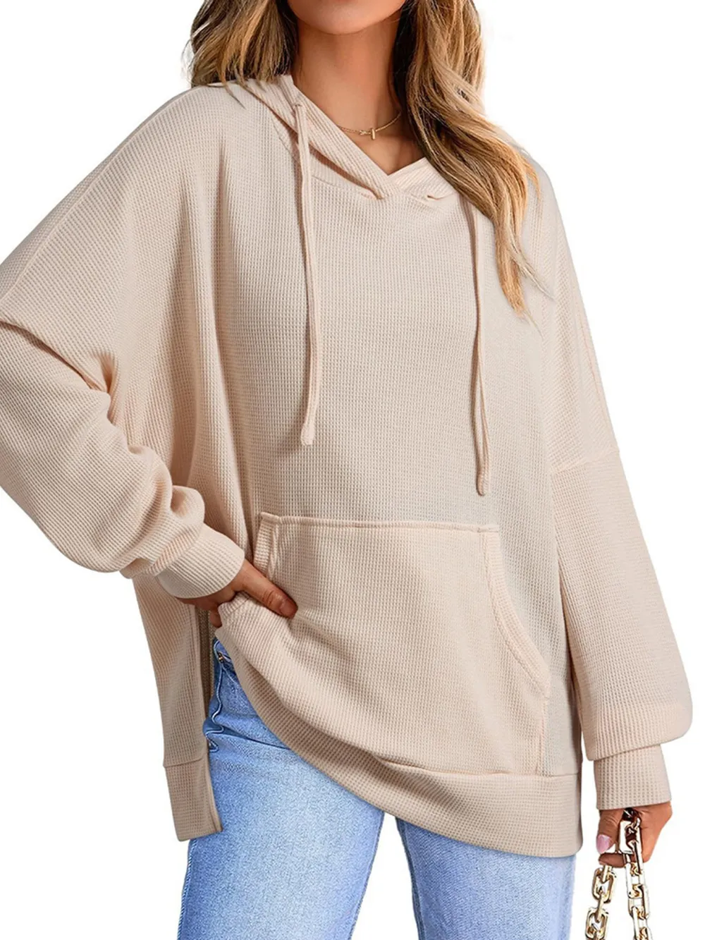 Slit Drawstring Waffle Knit Hoodie