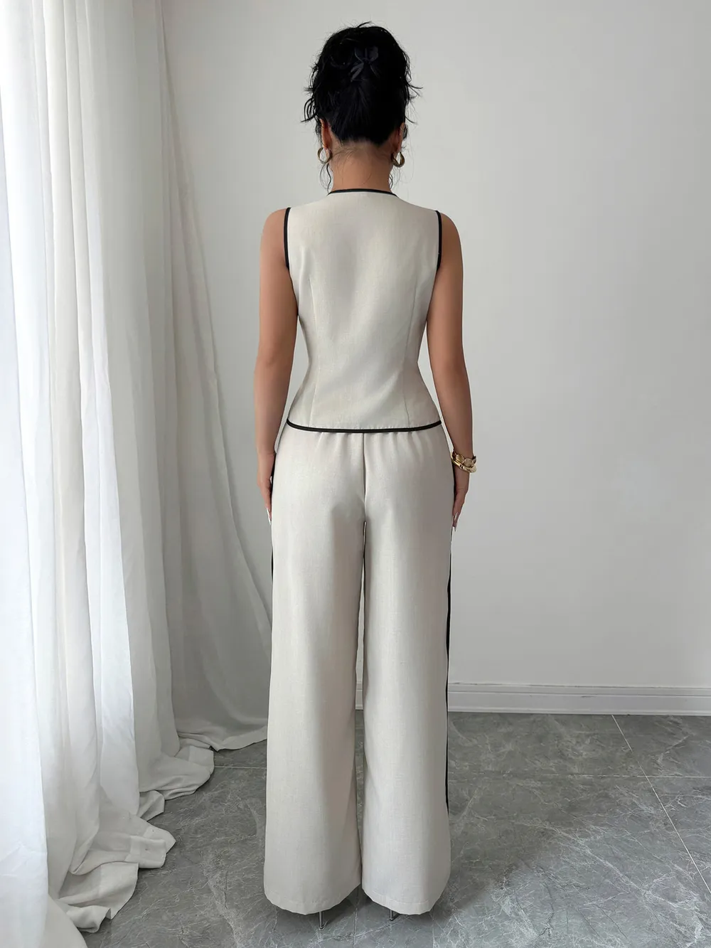 Contrast Piping Round Neck Top and Wide-Leg Pants Set, image 5