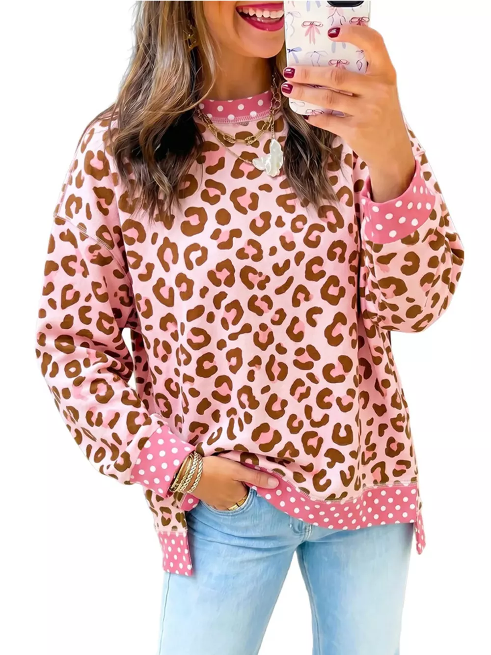 Side Slit Leopard Sweatshirt with Polka Dot Trim, image 4