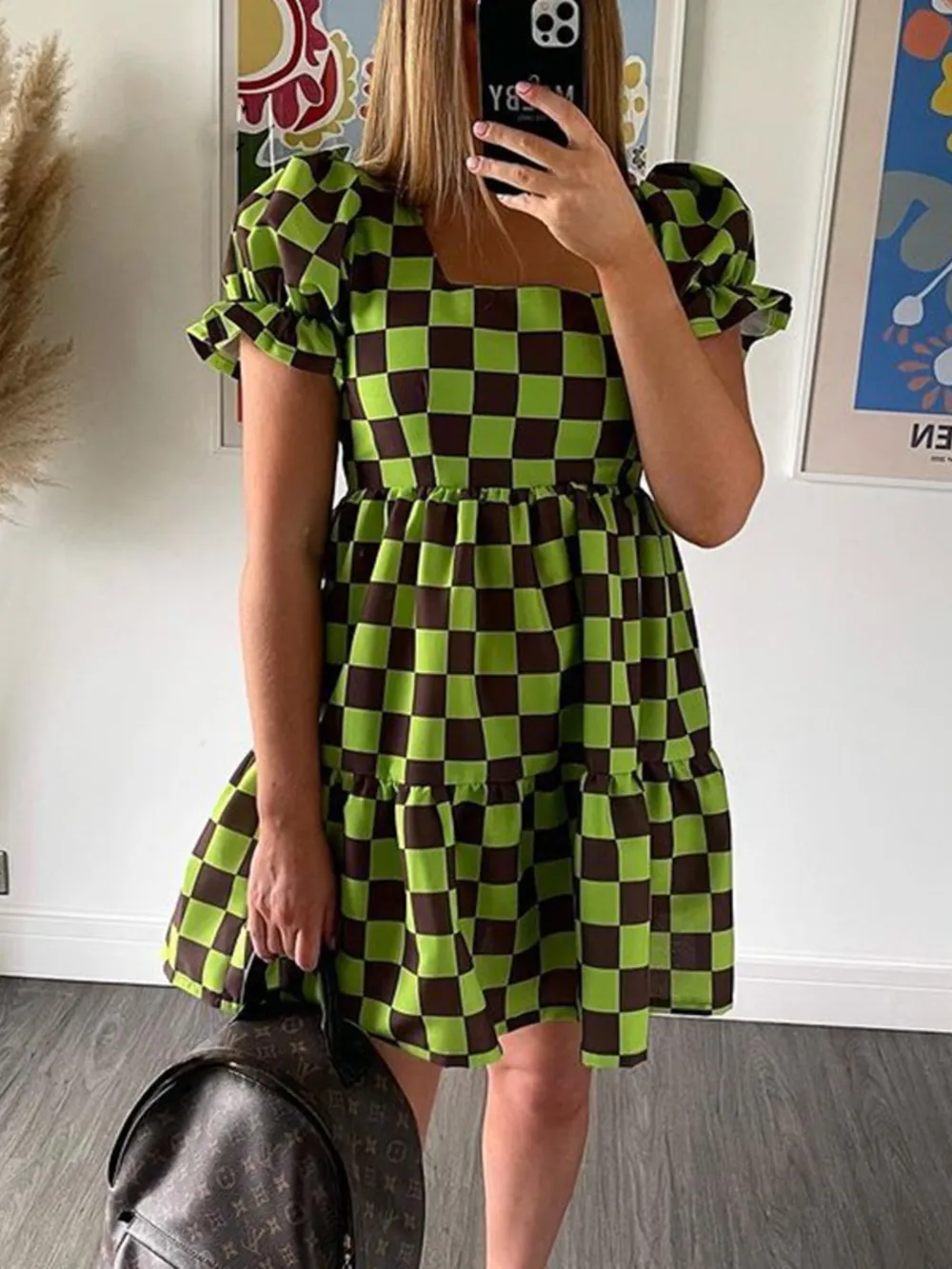 Checkered Short Sleeve Tiered Mini Dress, image 4