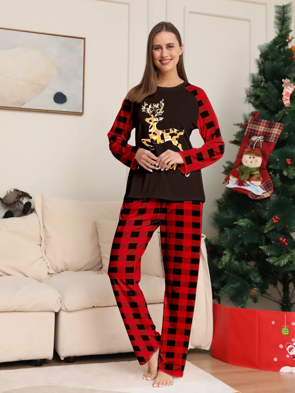 Full Size Family Matching Christmas Pajamas Set with Reindeer Graphic Plus Size, image 3