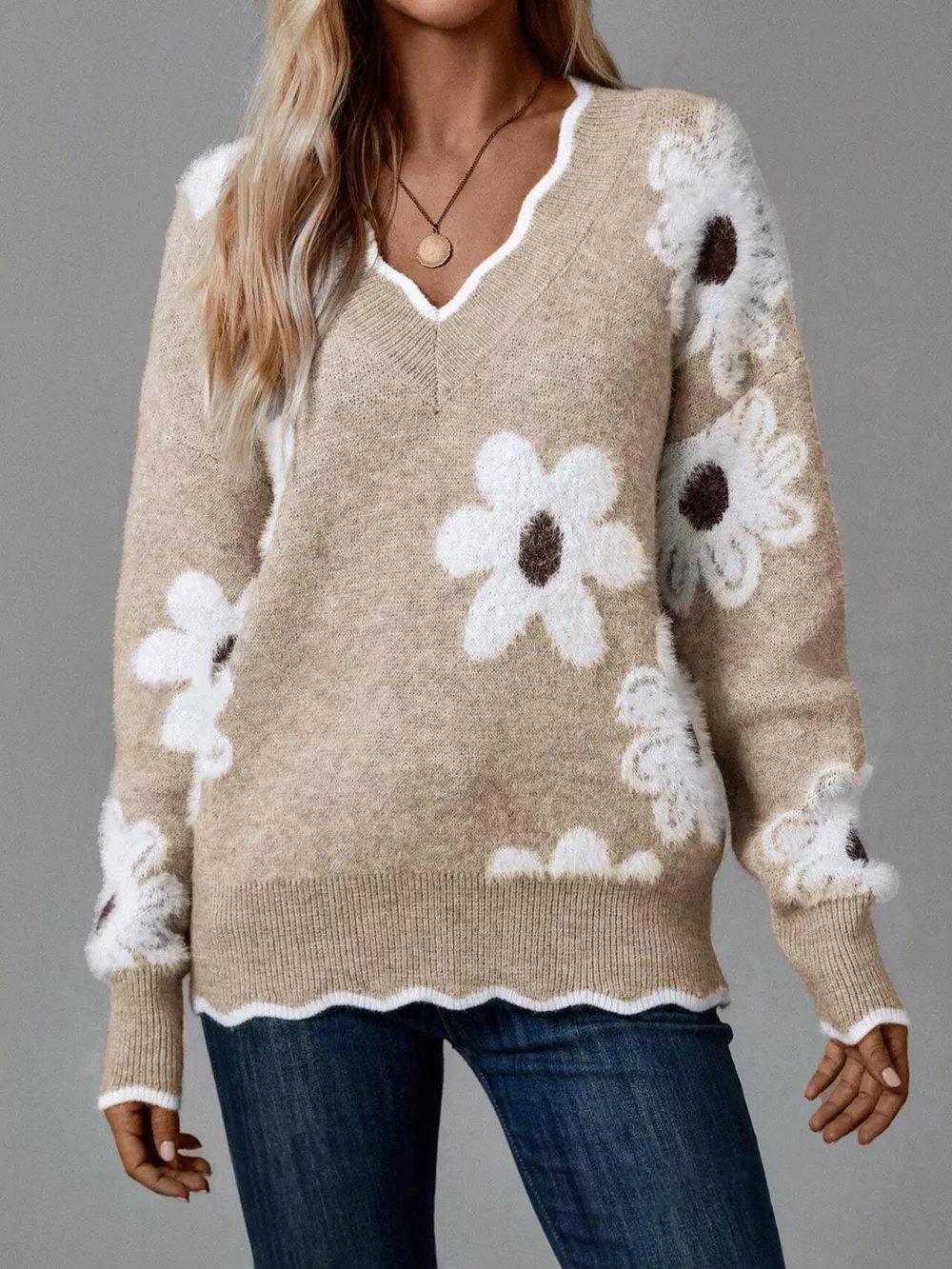 Floral V-Neck Long Sleeve Sweater, image 8