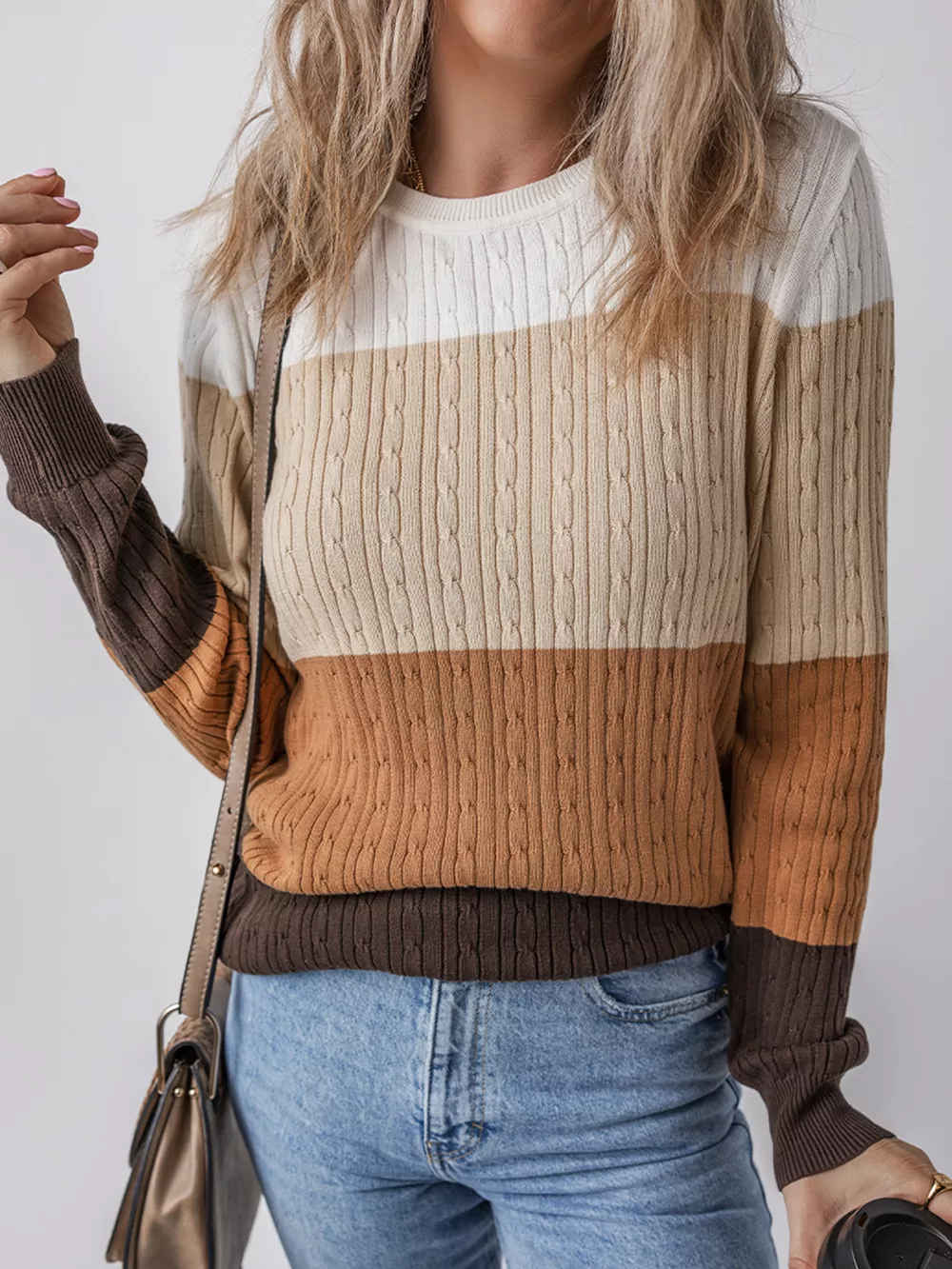 Colorblock Cable Knit Round Neck Sweater, image 11