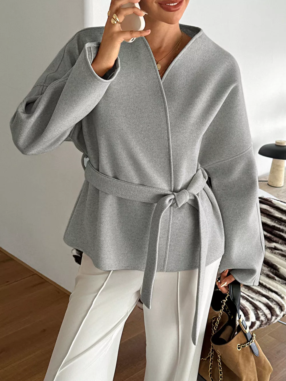Surplice Dropped Shoulder Tie Belt Outerwear, image 5