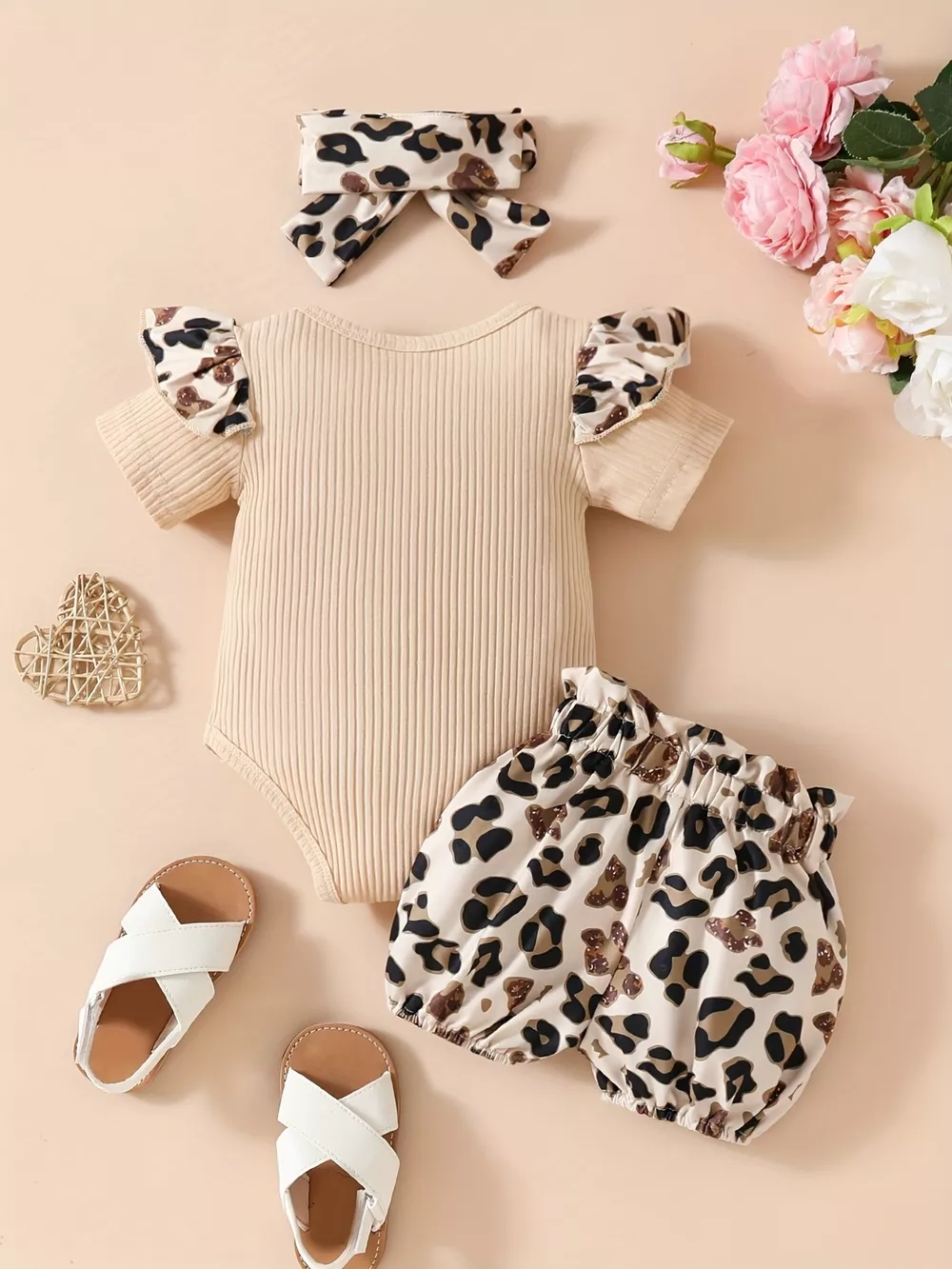 Children's Leopard Ruffled Bodysuit and Shorts Set with Headband, image 2