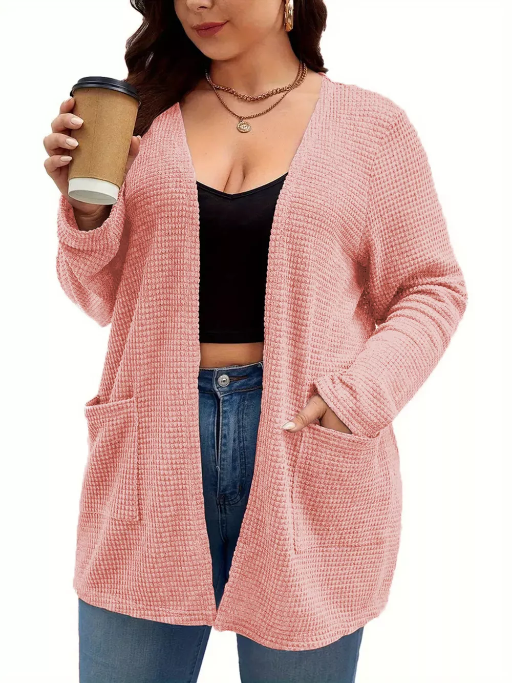 Plus Size Open Front Long Sleeve Knit Cardigan, image 9