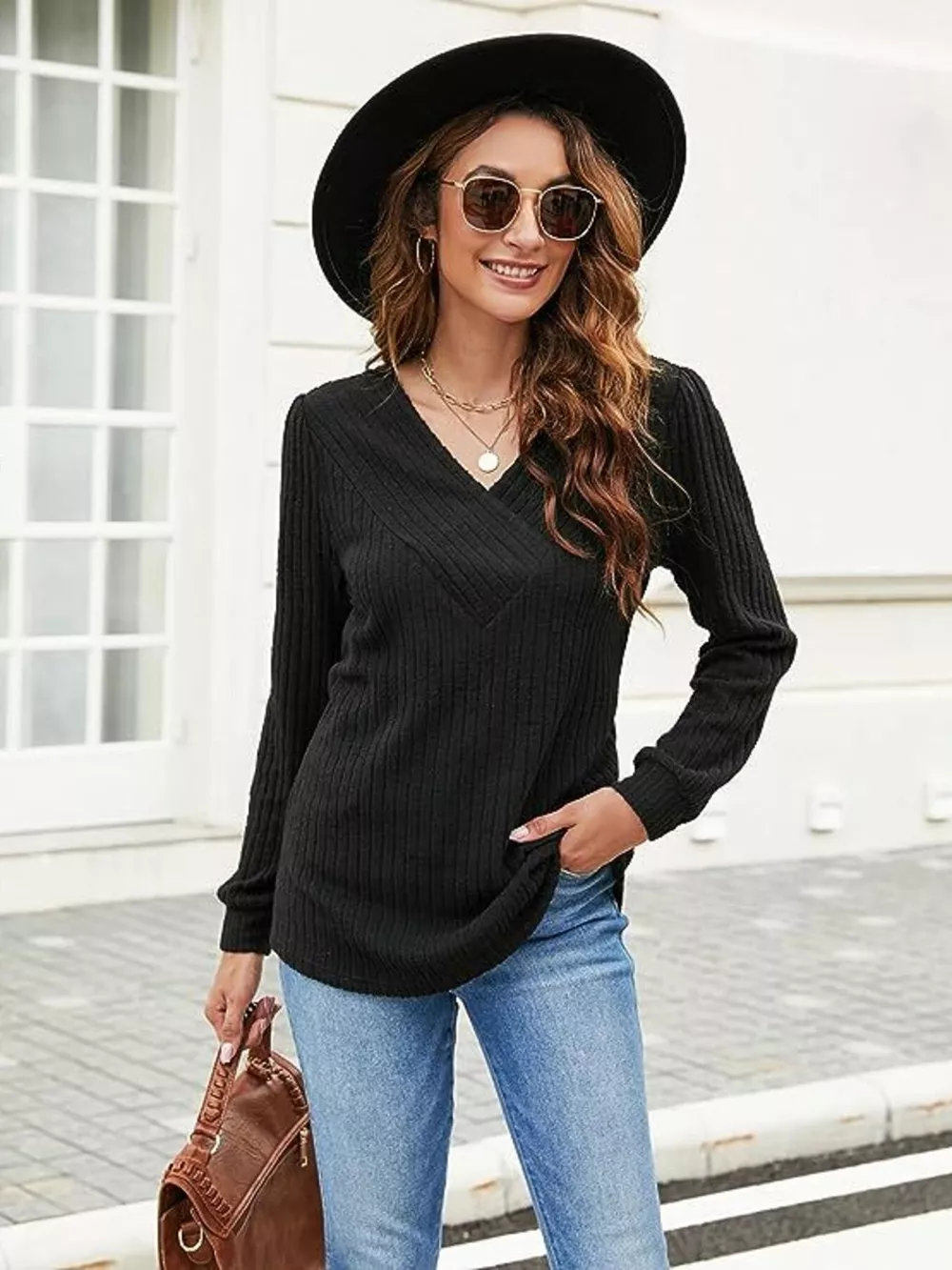 V-Neck Ribbed Long Sleeve Knit Top, image 4